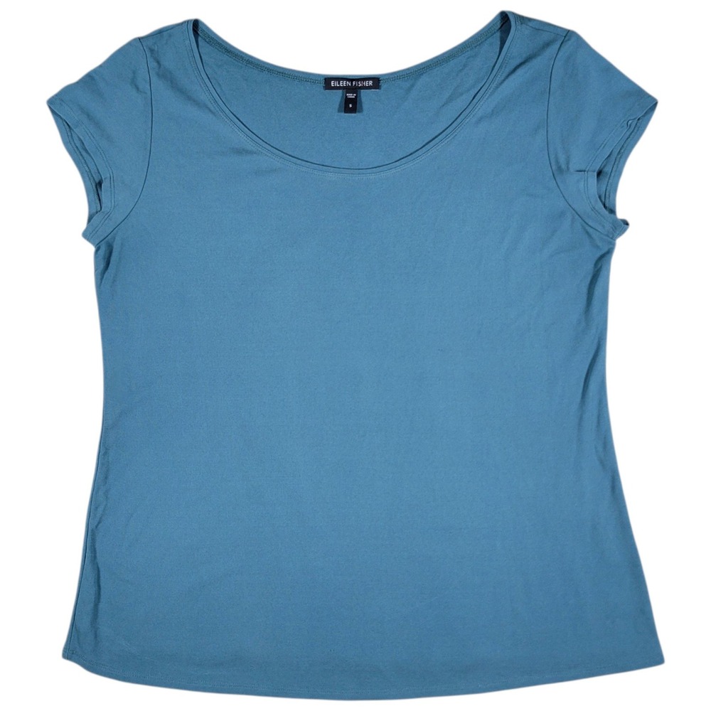 Eileen Fisher Top Womens S Blue 100% Silk Jersey Short Sleeve Shirt Minimalist